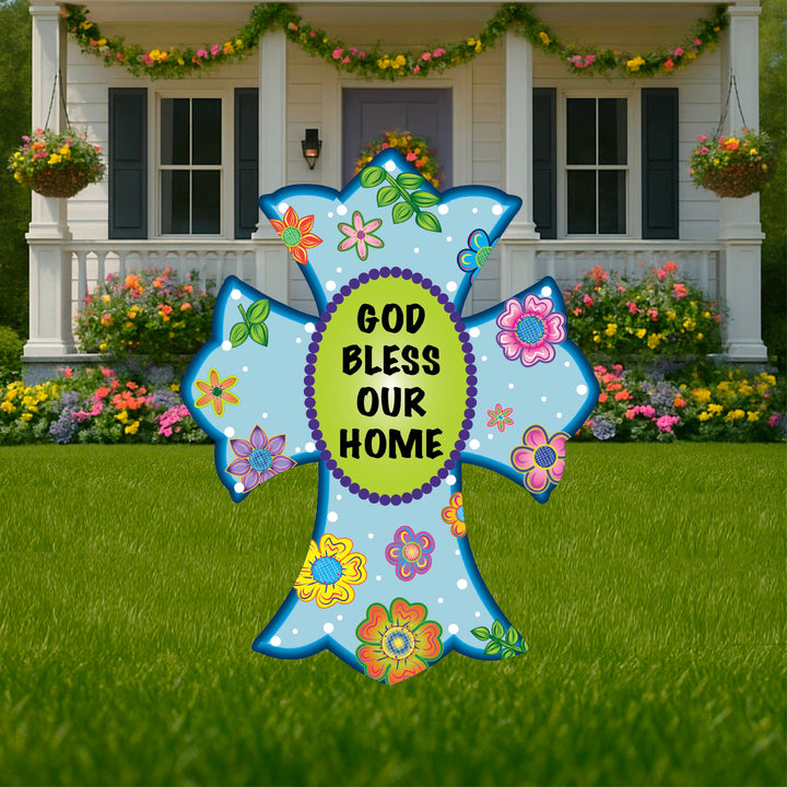 Blue Whimsical God Bless Our Home Cross
