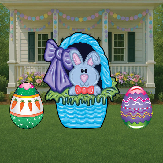 Blue Easter basket yard art decoration, Easter basket with bunny face yard sign with Easter eggs