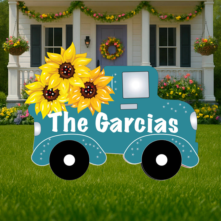 Blue Personalized Truck with Sunflowers