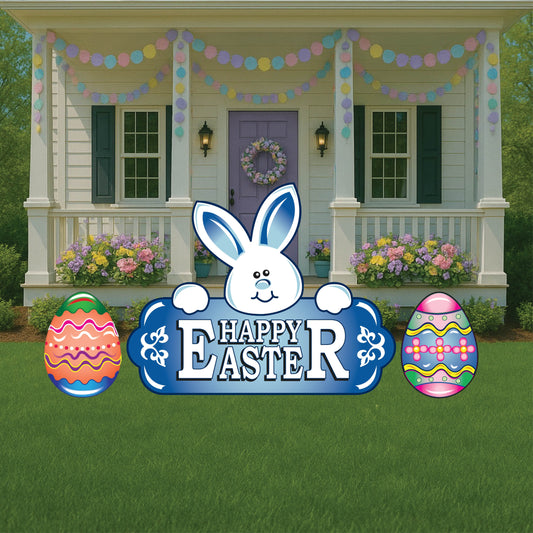 Blue Happy Easter Sign with Bunny Face
