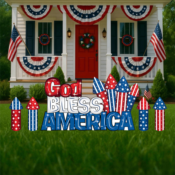 God Bless America Metal Yard Sign in red, white and blue with additional firecracker shaped lawn art signs in a USA flag theme. Summer patriotic lawn deocartions for yard, garden, driveways, porches and more for sale .