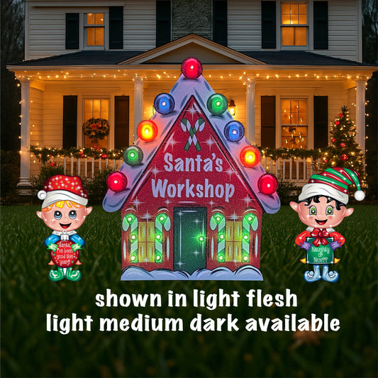 Christmas Santas Workshop Yard Art with two Boy Elves with ornament