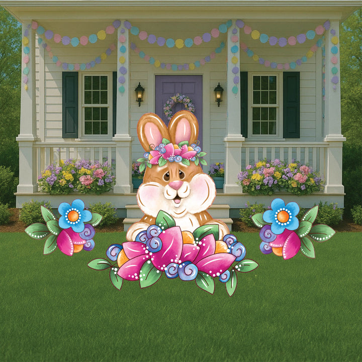 Happy Easter Bunny with Flowers Outdoor Decoration