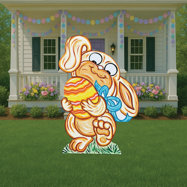 Smiling Easter Bunny hugs Colorful Egg Outdoor Decoration