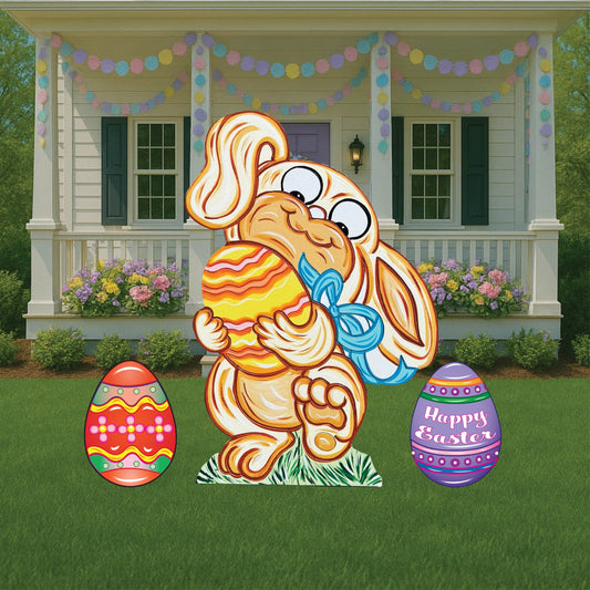 Smiling Easter Bunny hugs Colorful Egg Outdoor Decoration