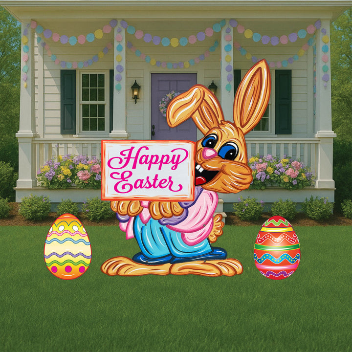 Brown Smiling Bunny Holds Happy Easter Sign Yard Art Decoration