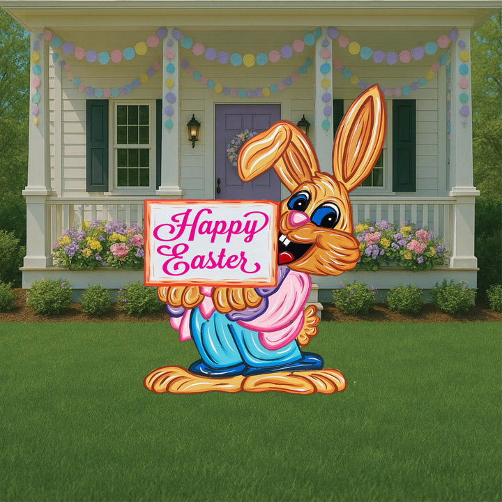 Brown Smiling Bunny Holds Happy Easter Sign Yard Art Decoration