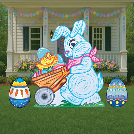 Happy Easter Bunny Pushes Cart of eggs and Chick Outdoor Decoration