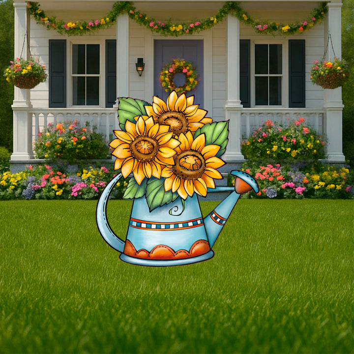 Sunflower with Leaves In Blue Watering Can Sign Outdoor Decoration