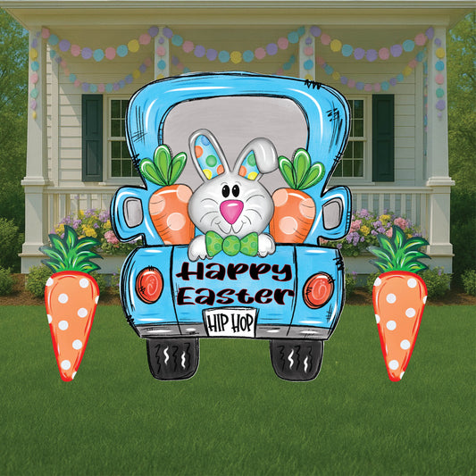 Happy Easter Bunny Blue Truck Sign Outdoor Decorations