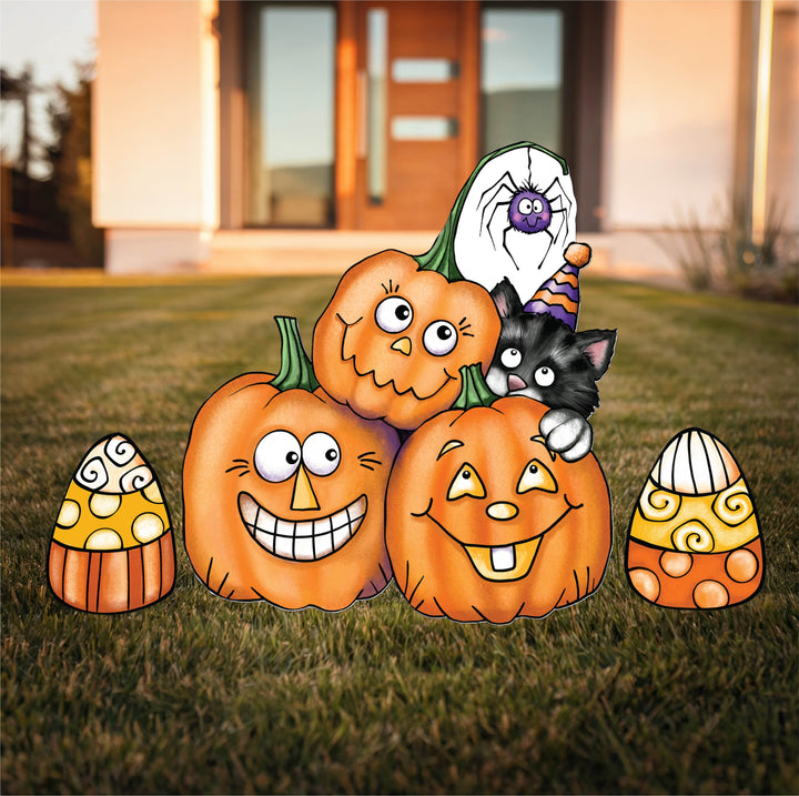 Pumpkin Trio with Black Cat Yard Art Decoration with Candy corn signs