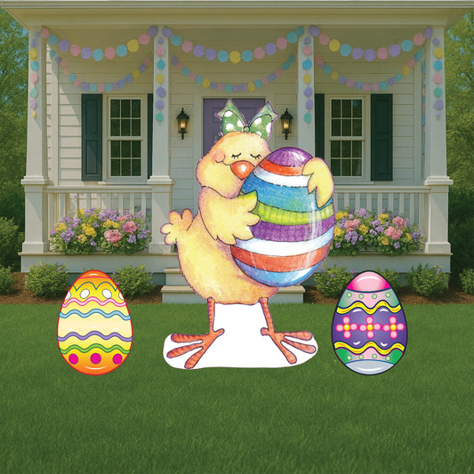 Easter Chick Hugs An Easter Egg Sign Outdoor Decoration