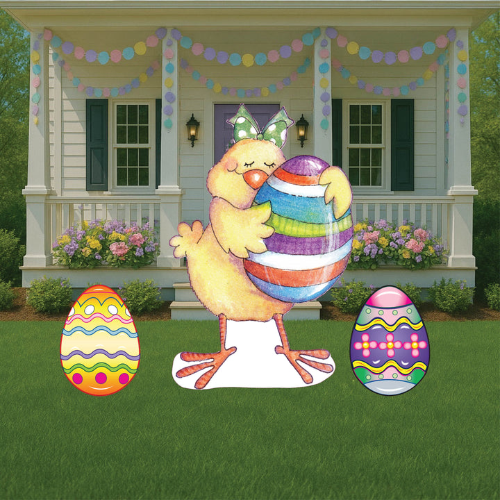 Easter Chick Hugs An Easter Egg Sign Outdoor Decoration