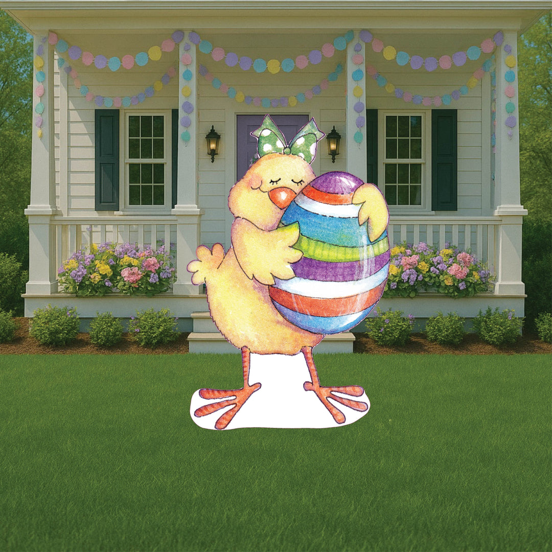 Easter Chick Hugs An Easter Egg Sign Outdoor Decoration