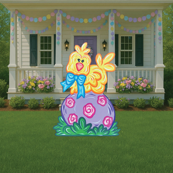 Easter Chick Sits on an Easter egg Sign Outdoor Decoration