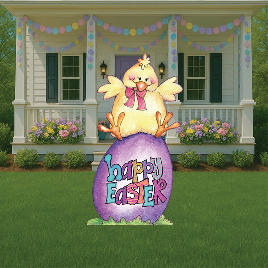 Chick Sits On A Happy Easter Egg Sign Outdoor Decoration