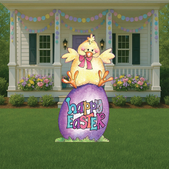 Chick Sits On A Happy Easter Egg Sign Outdoor Decoration