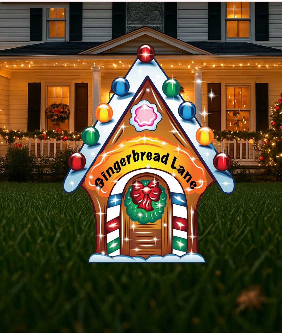 Gingerbread Lane Christmas yard sign shaped like a candy house – festive outdoor holiday lawn decor.