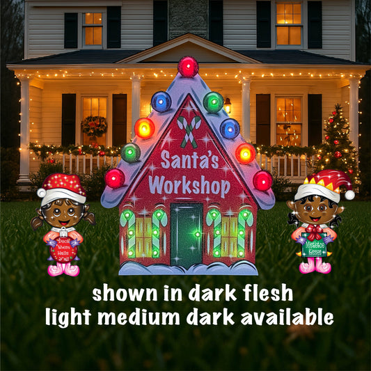 Christmas Santas Workshop Yard Art with two Girl Elves with ornament
