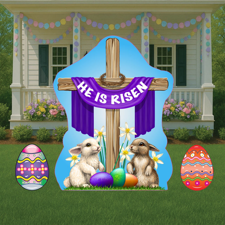 Easter Yard Art-Easter Sign with Cross and Bunnies