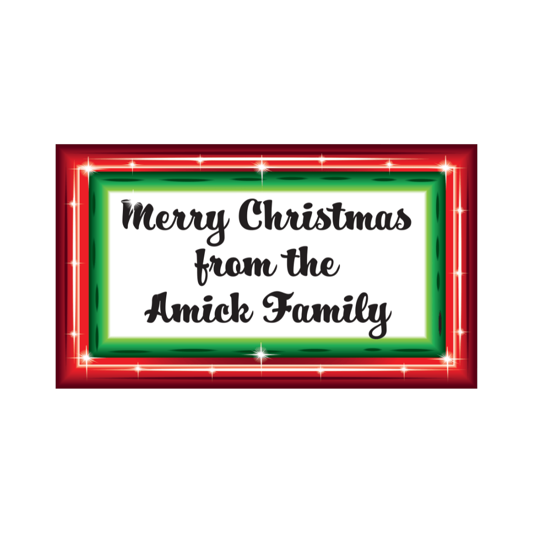 Custom name Christmas yard decoration digital mockup with a hand-painted red border design and classic black script font layout.