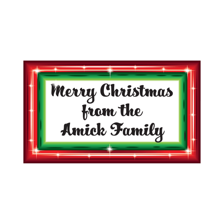 Custom name Christmas yard decoration digital mockup with a hand-painted red border design and classic black script font layout.