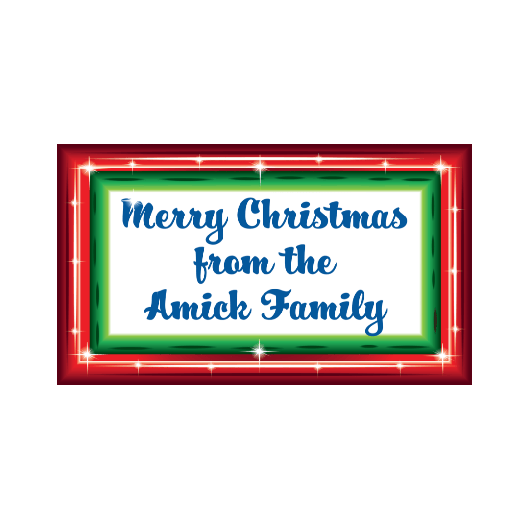 Personalized wooden outdoor sign proof layout with a festive red and green border and dark blue holiday lettering.