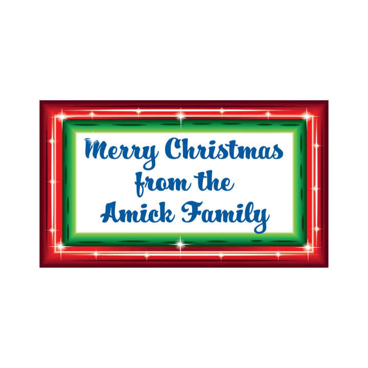 Personalized wooden outdoor sign proof layout with a festive red and green border and dark blue holiday lettering.