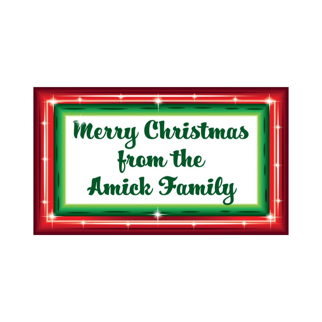 Customizable holiday yard art mockup showing a decorative red and green frame with green family greeting text.