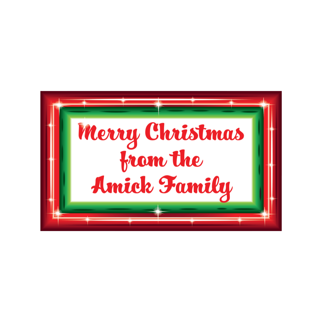 Custom digital proof template for a Christmas yard sign with a red and green holiday border and bold red text in Hucklebuck script font.