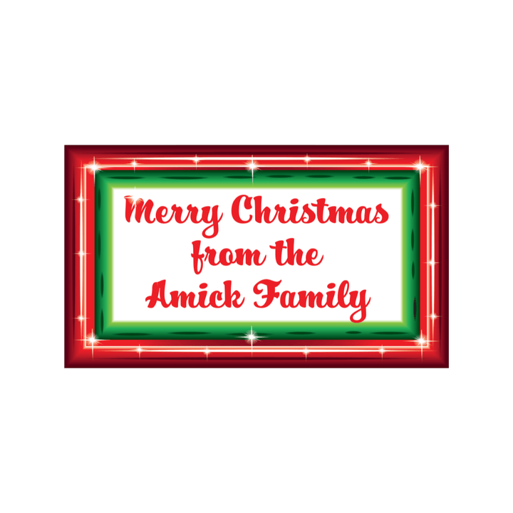 Custom digital proof template for a Christmas yard sign with a red and green holiday border and bold red text in Hucklebuck script font.