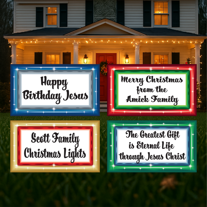 E-commerce color option chart showing four customizable illuminated wooden Christmas yard signs with blue, red, gold, and green hand-painted borders.