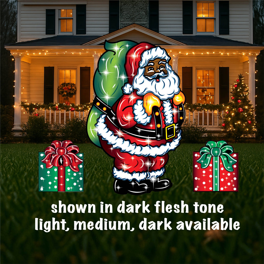 Outdoor Christmas Holiday theme yard signs. This perfect Christmas yard sign set brings Christmas Cheer to any outdoor space. Perfect for lawns, decks, gardens, patios and walkways. Celebrate the season with this Santa Yard Sign, Lampost sign and presents. Made in the USA. Shipped from Indiana. 