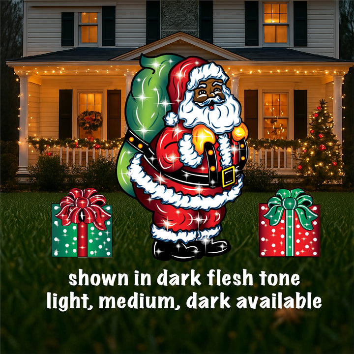 Outdoor Christmas Holiday theme yard signs. This perfect Christmas yard sign set brings Christmas Cheer to any outdoor space. Perfect for lawns, decks, gardens, patios and walkways. Celebrate the season with this Santa Yard Sign, Lampost sign and presents. Made in the USA. Shipped from Indiana. 
