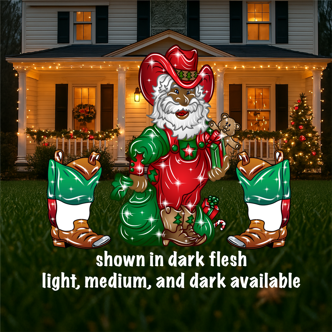 Santa in Overalls with Cowboy Hat Yard Sign