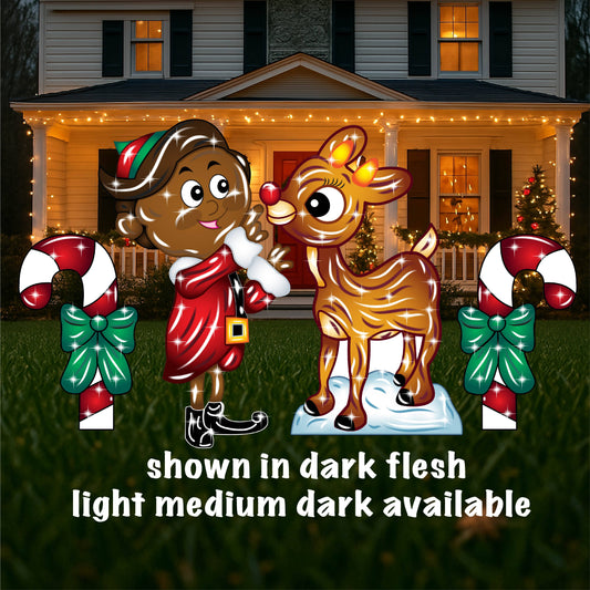 Christmas Rudolph and Elf Hermie Yard Sign with Candy canes