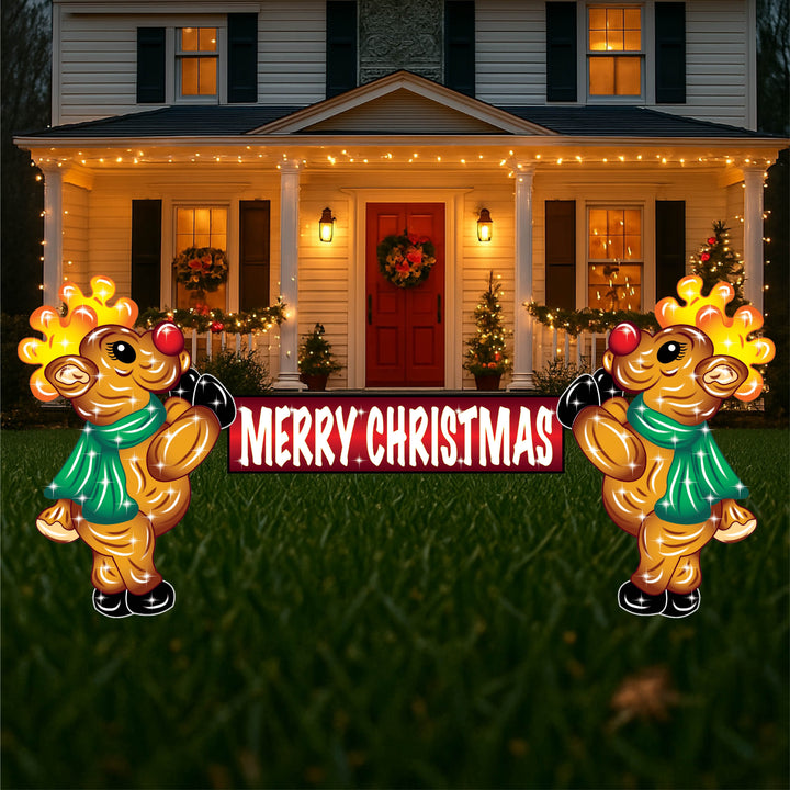 Merry Christmas Reindeer Yard Sign Set – Wooden Outdoor Holiday Lawn Décor | Christmas Garden Stakes