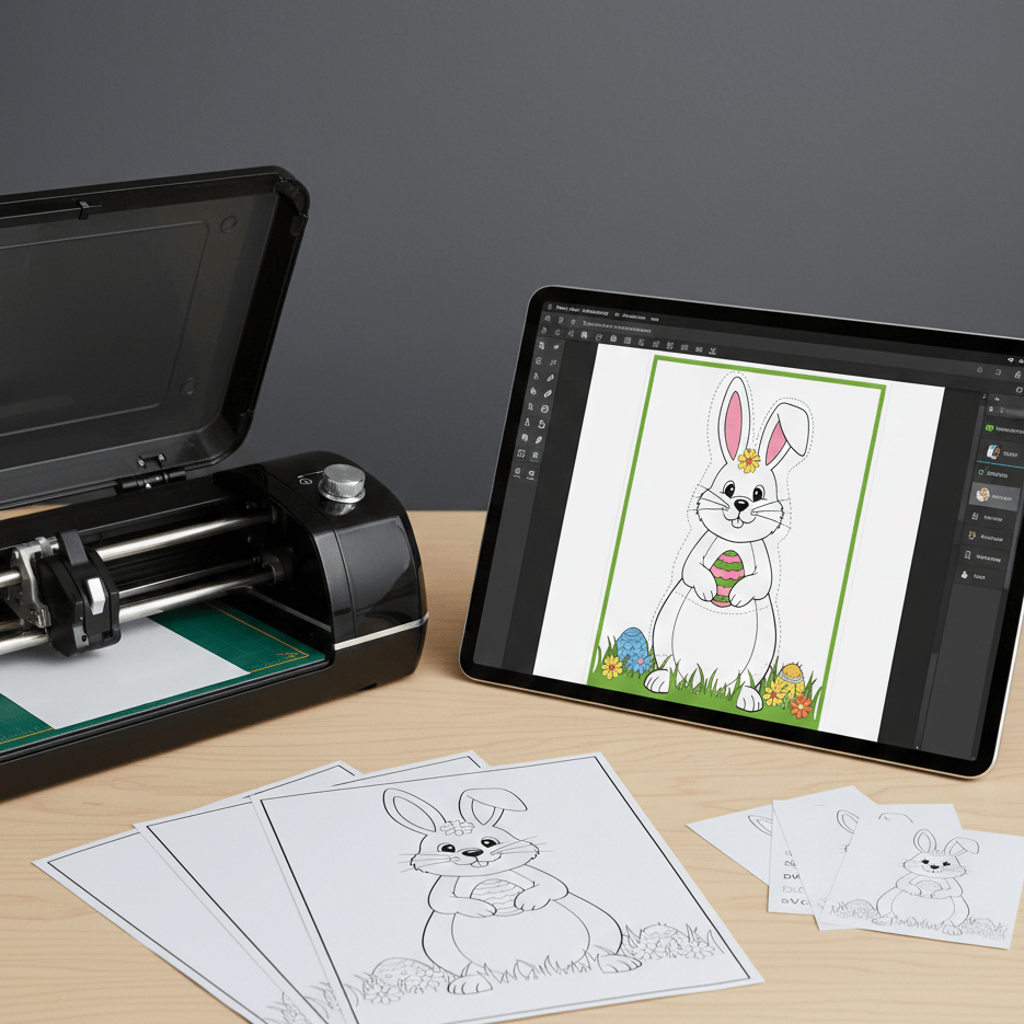 Tablet displaying a coloring app with a printed bunny coloring page next to it on a table.
