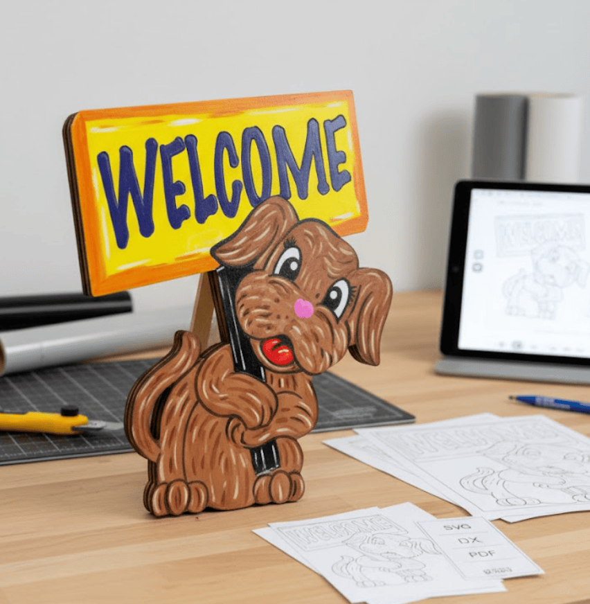Wooden dog-shaped welcome sign on a desk with a tablet and papers in the background