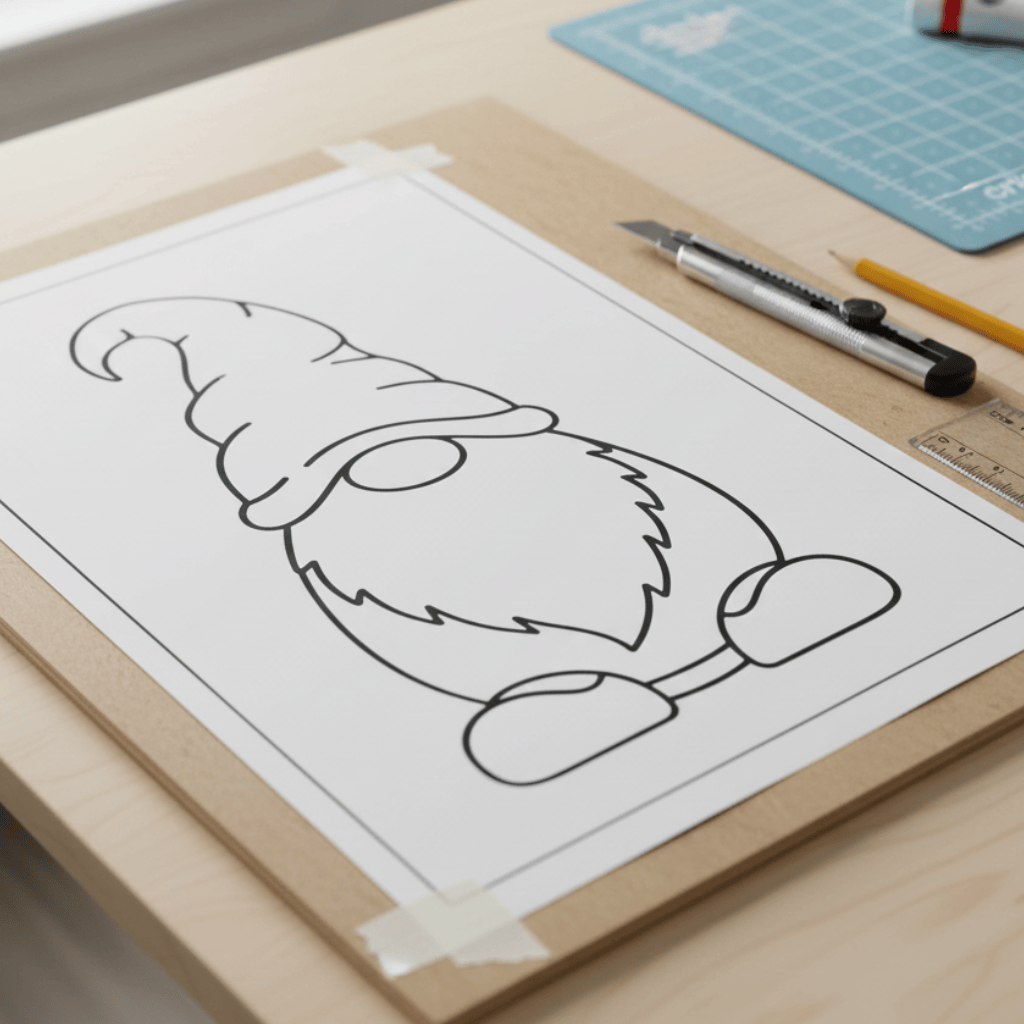 DIY yard art gnome template traced onto MDF board, showing a printable yard art pattern ready for cutting and painting