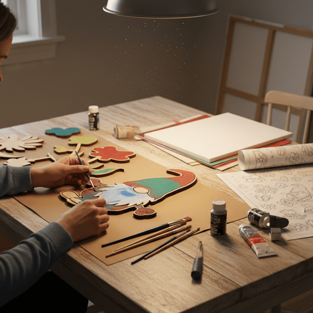 Painting DIY yard art indoors during the off-season using a ready-to-paint wooden yard art blank