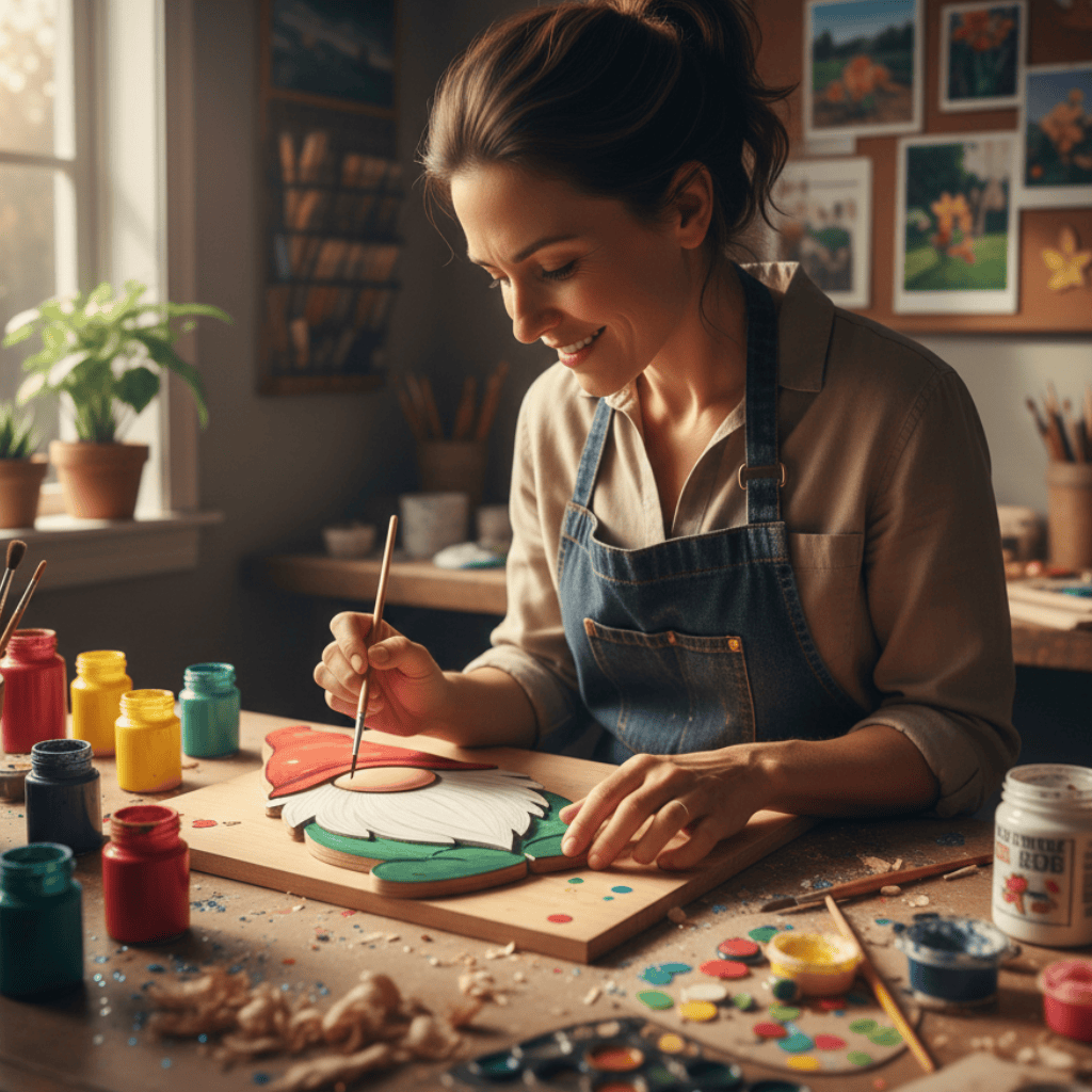 DIY yard art maker painting a wooden gnome sign indoors using outdoor-grade materials
