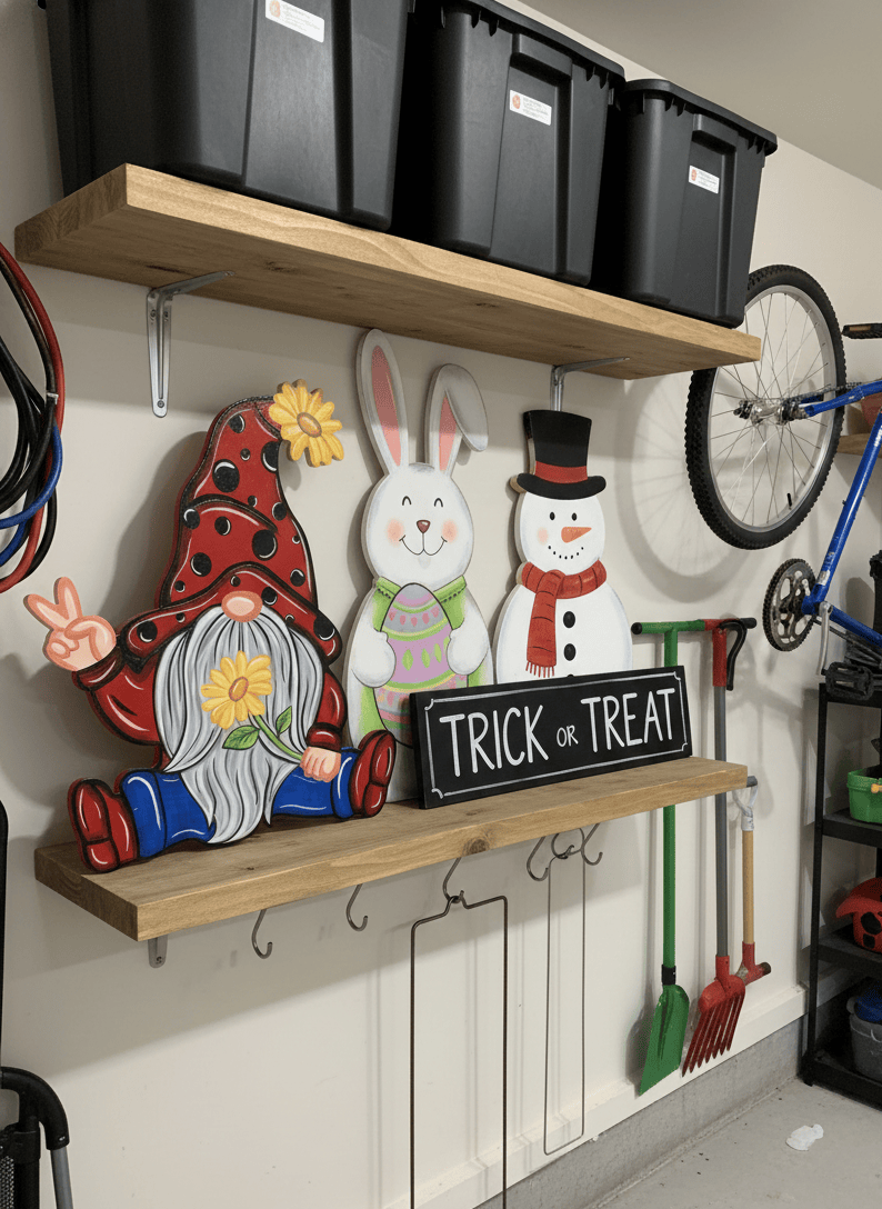 A organized garage workshop showing finished gnome, bunny, and snowman yard art pieces stored neatly on wooden shelves alongside their metal mounting stakes.