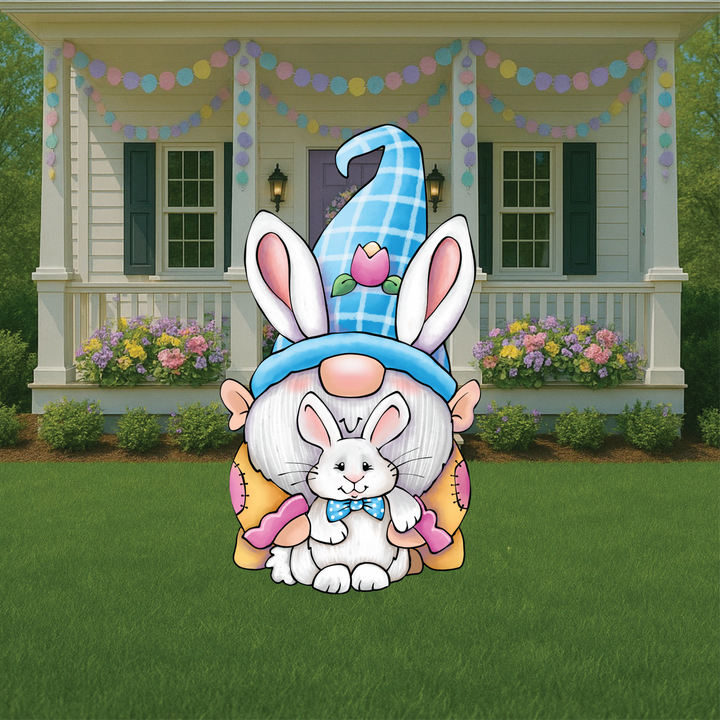 Easter yard sign featuring a bunny gnome in a blue plaid hat holding a white rabbit – cheerful spring lawn decor.