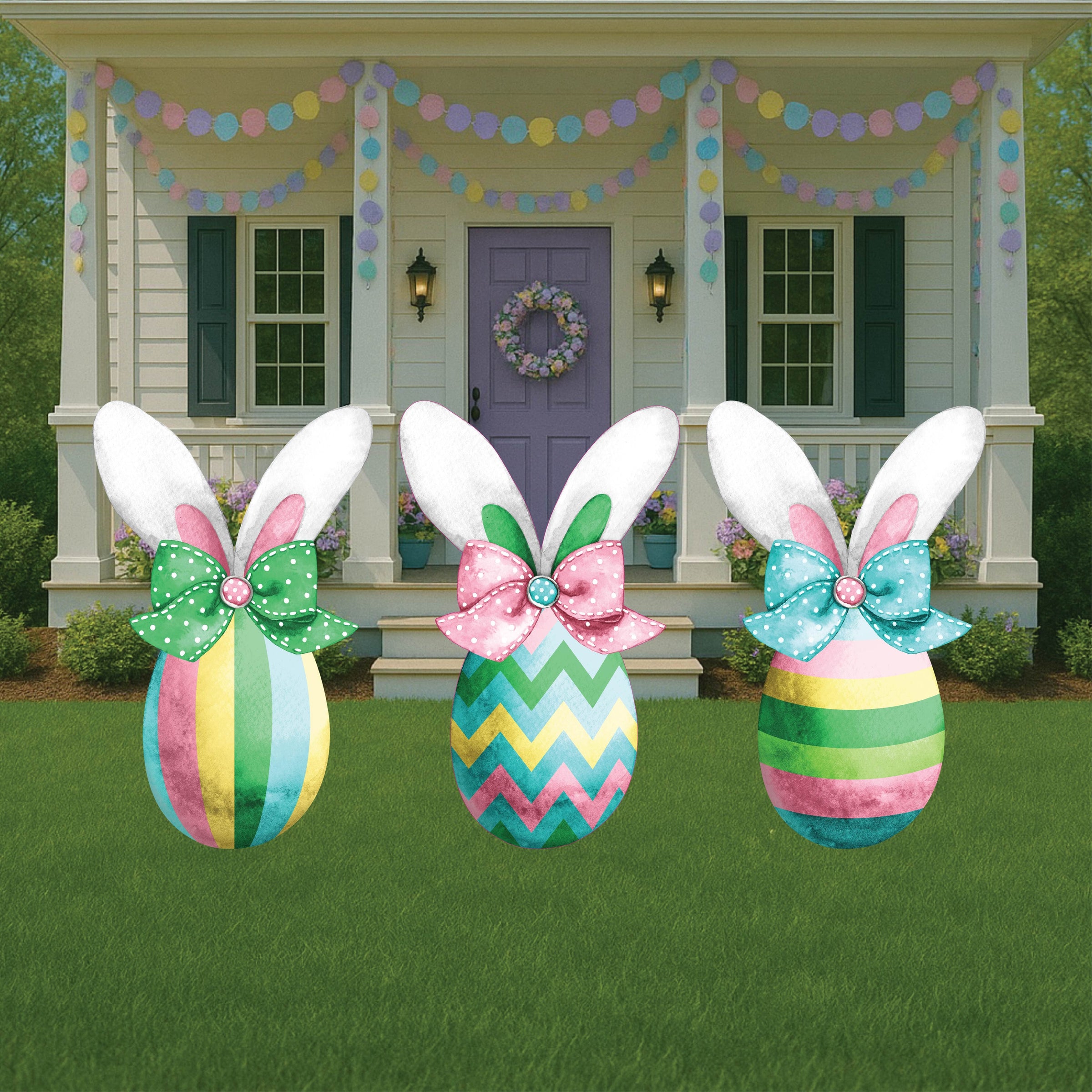 Outdoor decoration featuring large, colorful Easter eggs with bunny ears placed on a lawn in front of a house with Easter-themed decorations.