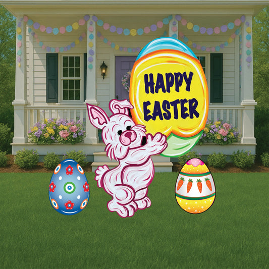 Easter Bunny Holds a Happy Easter Egg Yard Art Decoration