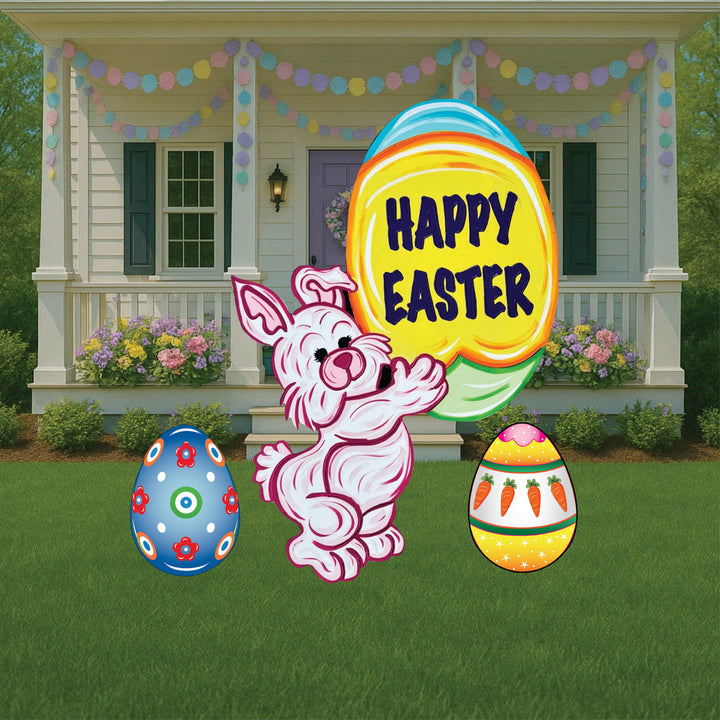 Easter Bunny Holds a Happy Easter Egg Yard Art Decoration