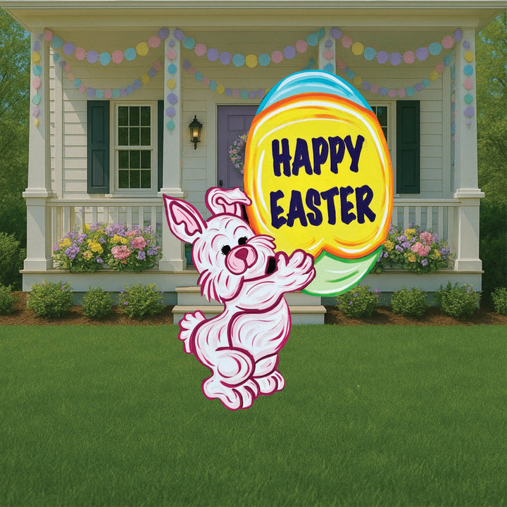 Easter Bunny Holds a Happy Easter Egg Yard Art Decoration