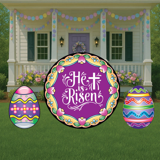 Easter He is Risen Round Sign Outdoor Decoration