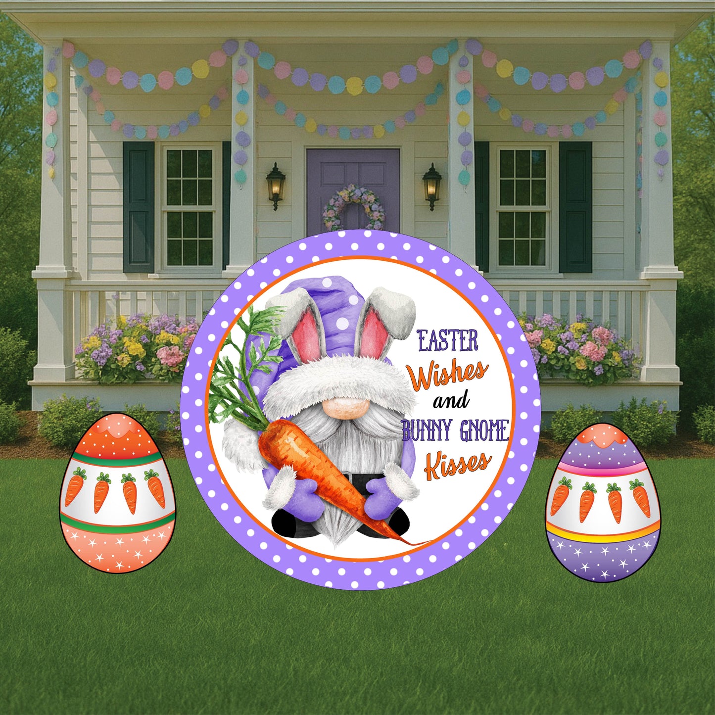 Easter Wishes Bunny Gnome Kisses Sign Outdoor Decoration